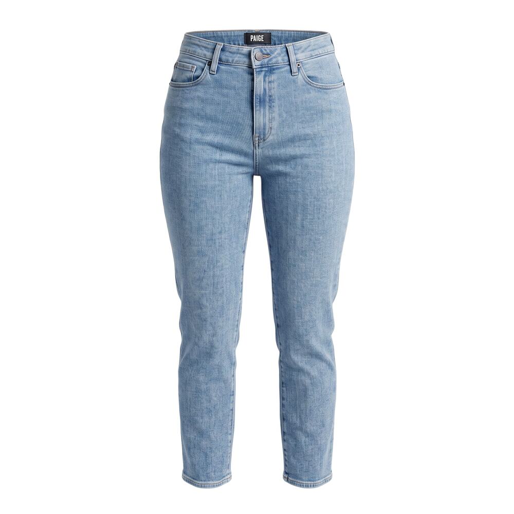 Paige light wash denim jeans with five-pocket design, zip fly, contrast stitchin